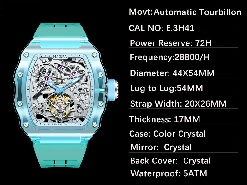 HAOFA K9 Color CRYSTAL CASE SKELETON Automatic TOURBILLON double barrel WATCH 2201-1