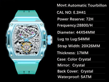 HAOFA K9 Color CRYSTAL CASE SKELETON Automatic TOURBILLON double barrel WATCH 2201-1