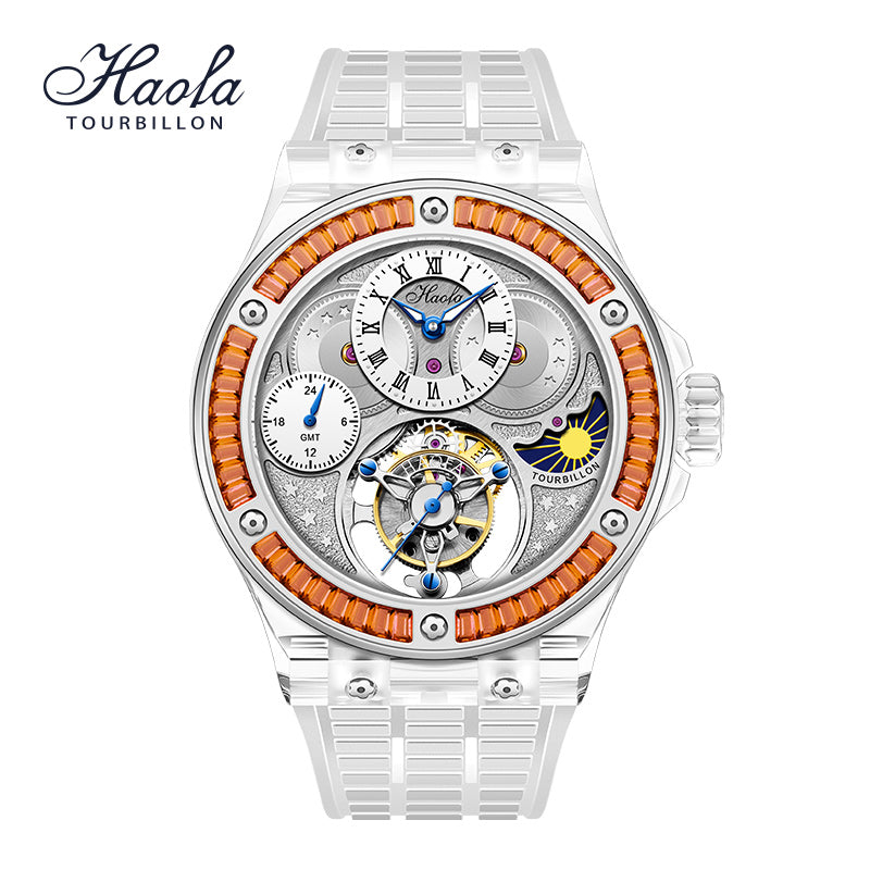 Haofa Crystal Case Skeleton Tourbillon GMT Watch 2101