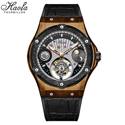 Haofa Tin Bronze Case carbon fiber bezel Luxury GMT Tourbillon Power Reserve Display 1915T