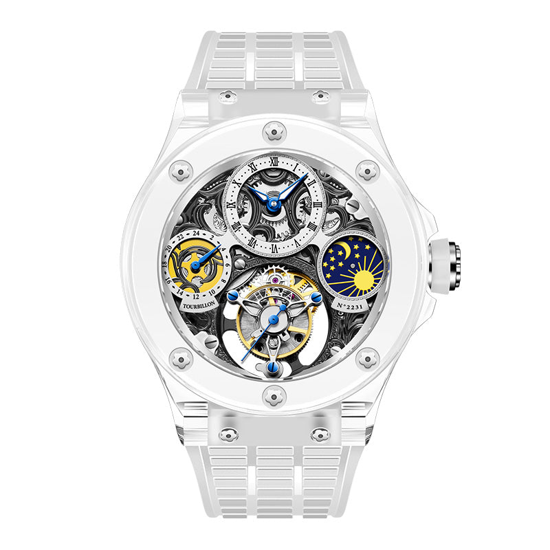 Haofa K9 Crystal Case Skeleton Tourbillon GMT Watch 2231