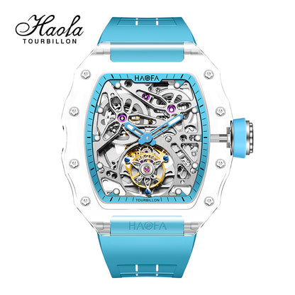 HAOFA High hardness CRYSTAL CASE SKELETON Automatic TOURBILLON double barrel WATCH 2201