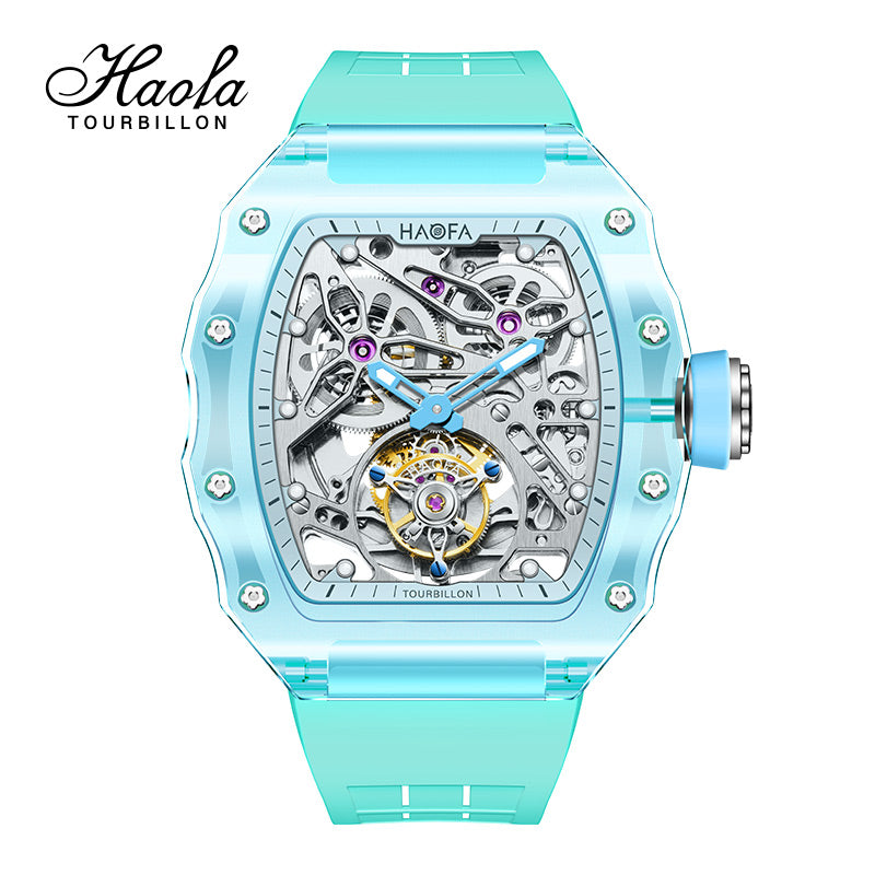 HAOFA K9 Color CRYSTAL CASE SKELETON Automatic TOURBILLON double barrel WATCH 2201-1