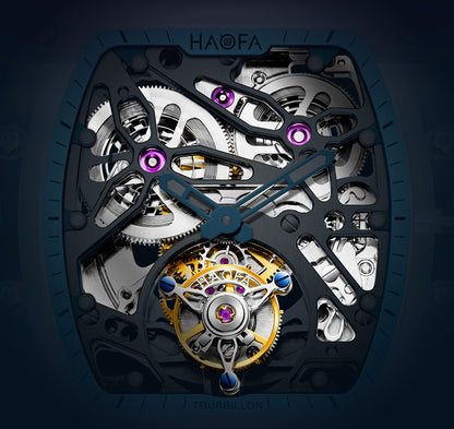 HAOFA High hardness CRYSTAL CASE SKELETON Automatic TOURBILLON double barrel WATCH 2201