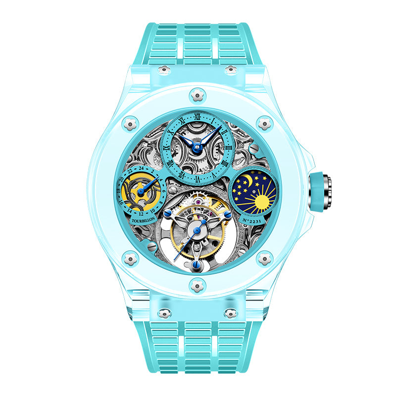 Haofa K9 Crystal Case Skeleton Tourbillon GMT Watch 2231