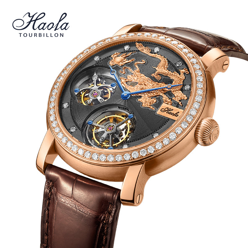 HAOFA Luxury 18K Gold Double Tourbillon Movement real Diamond Karat Watch K002