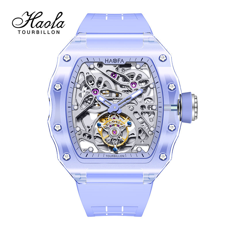 HAOFA K9 Color CRYSTAL CASE SKELETON Automatic TOURBILLON double barrel WATCH 2201-1