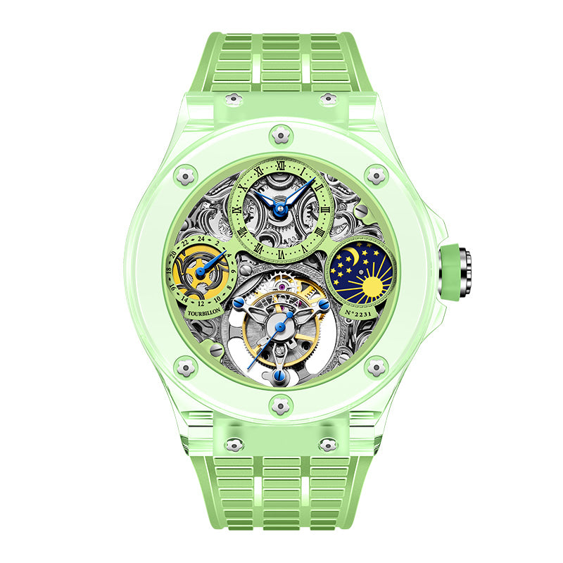 Haofa K9 Crystal Case Skeleton Tourbillon GMT Watch 2231