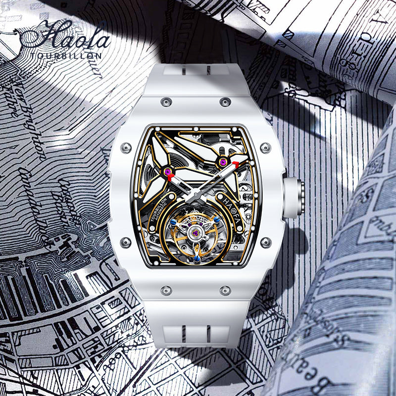 HAOFA Ceramics Bezel Automatic Tourbillon 1901-2 Double Spring Watch Free-sprung Balance