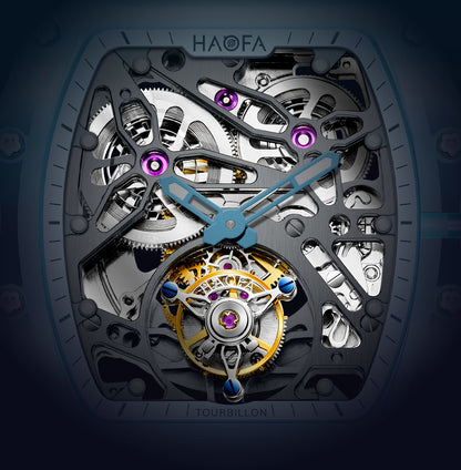 HAOFA K9 Color CRYSTAL CASE SKELETON Automatic TOURBILLON double barrel WATCH 2201-1