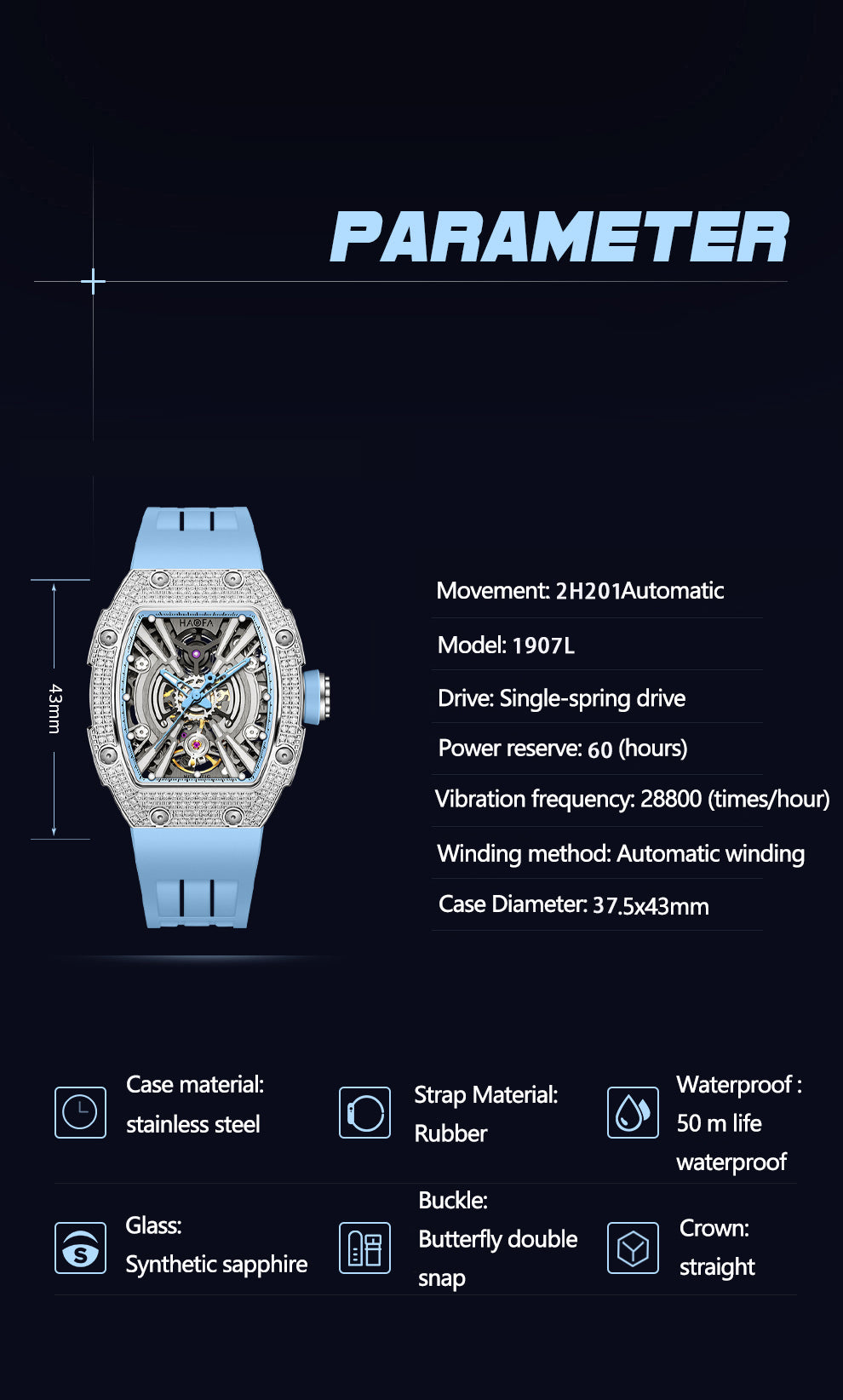 HAOFA Middle Size Automatic Movement watch Crystal bezel and side 60 hours power 50M Waterproof  1907L