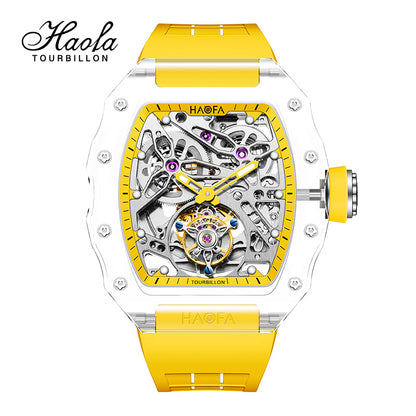 HAOFA High hardness CRYSTAL CASE SKELETON Automatic TOURBILLON double barrel WATCH 2201