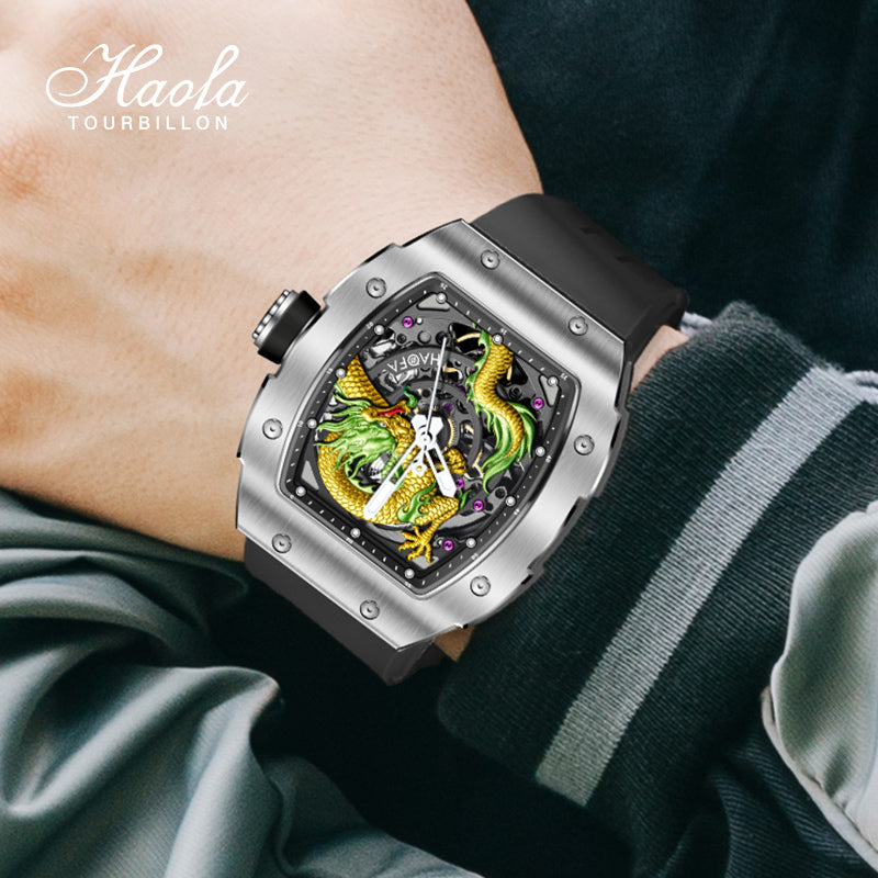 HAOFA 1968A 3D Dragon Automatic 80 Hours Power Stainless Steel 50M Waterproof Sapphire Crystal