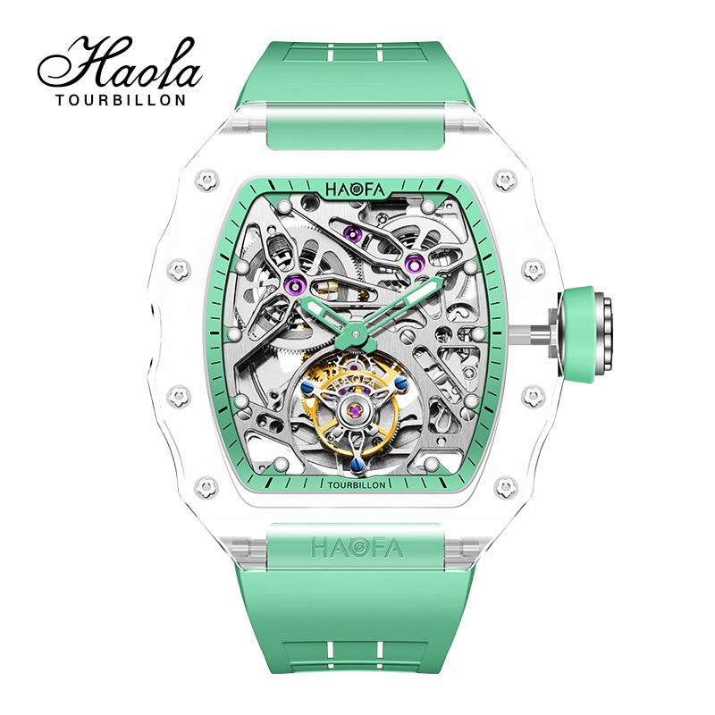 HAOFA High hardness CRYSTAL CASE SKELETON Automatic TOURBILLON double barrel WATCH 2201