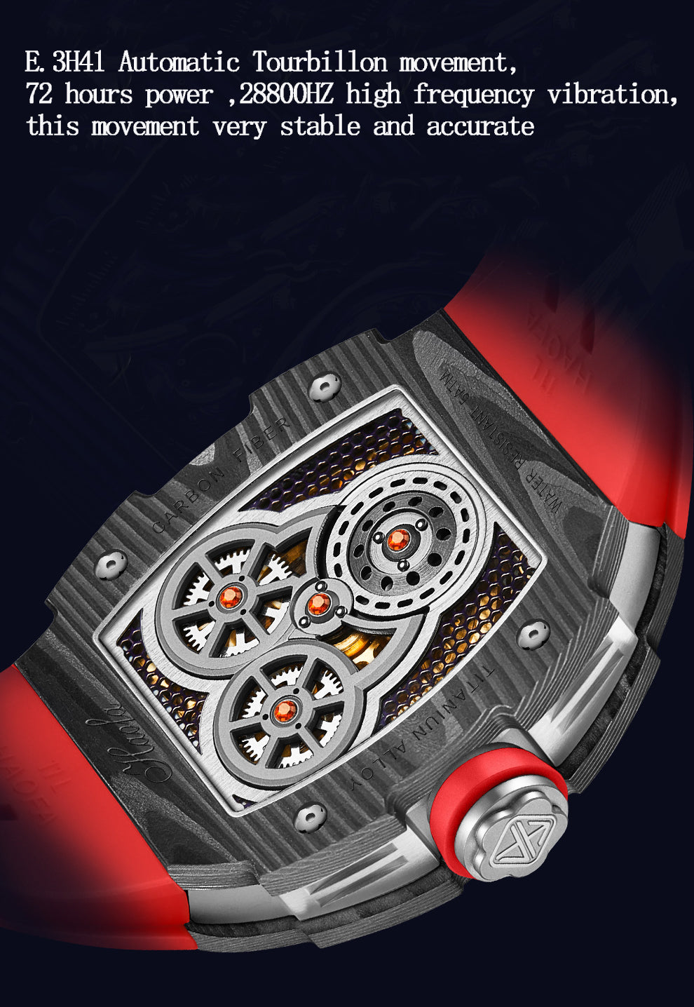 HAOFA Automatic Tourbillon double barrels Movement 72 hours power NTPT(carbon fiber）bezel  Titanium magnesium case 1922