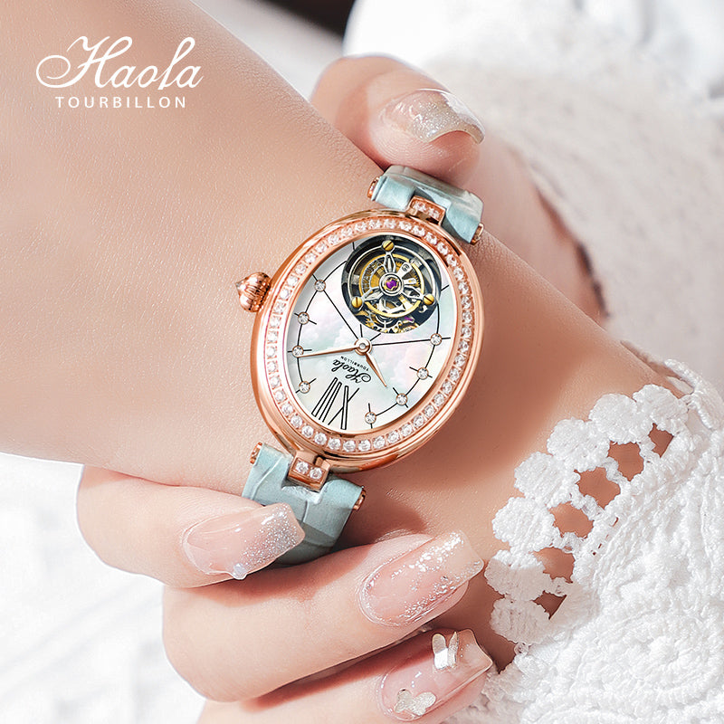 Haofa 2118 women lady Tourbillon watches Pearl dial mechanical watches  Luxury Sapphire oval  tourbillon movement