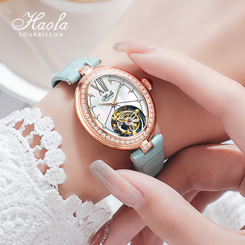 Haofa 2118 women lady Tourbillon watches Pearl dial mechanical watches  Luxury Sapphire oval  tourbillon movement