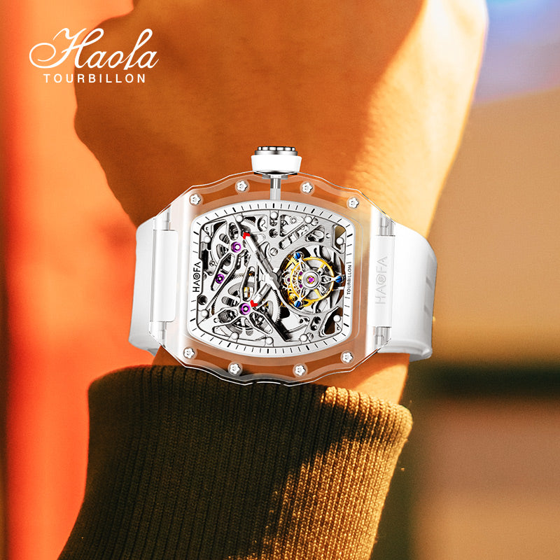 HAOFA High hardness CRYSTAL CASE SKELETON Automatic TOURBILLON double barrel WATCH 2201