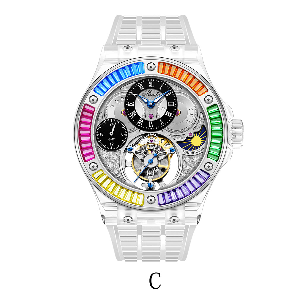 Haofa Crystal Case Skeleton Tourbillon GMT Watch 2101