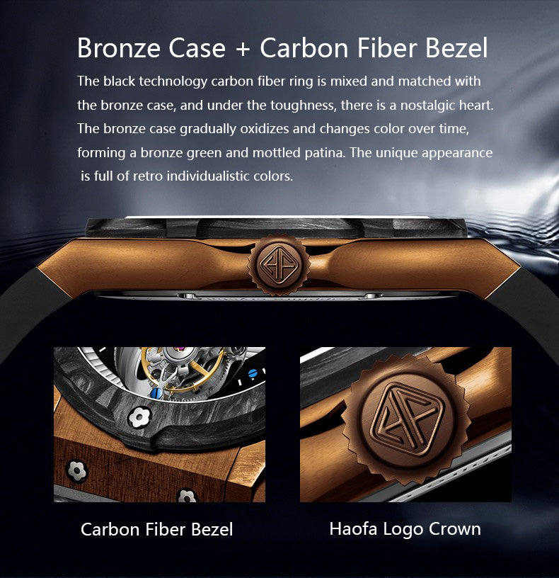 Haofa Tin Bronze Case carbon fiber bezel Luxury GMT Tourbillon Power Reserve Display 1915T