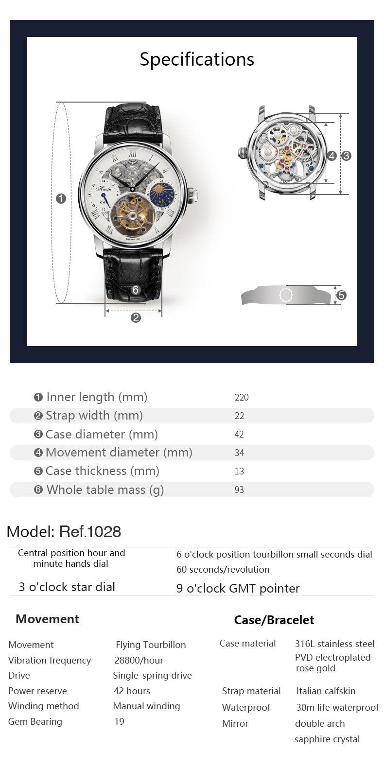 HAOFA Skeleton GMT Tourbillon Movement 1028