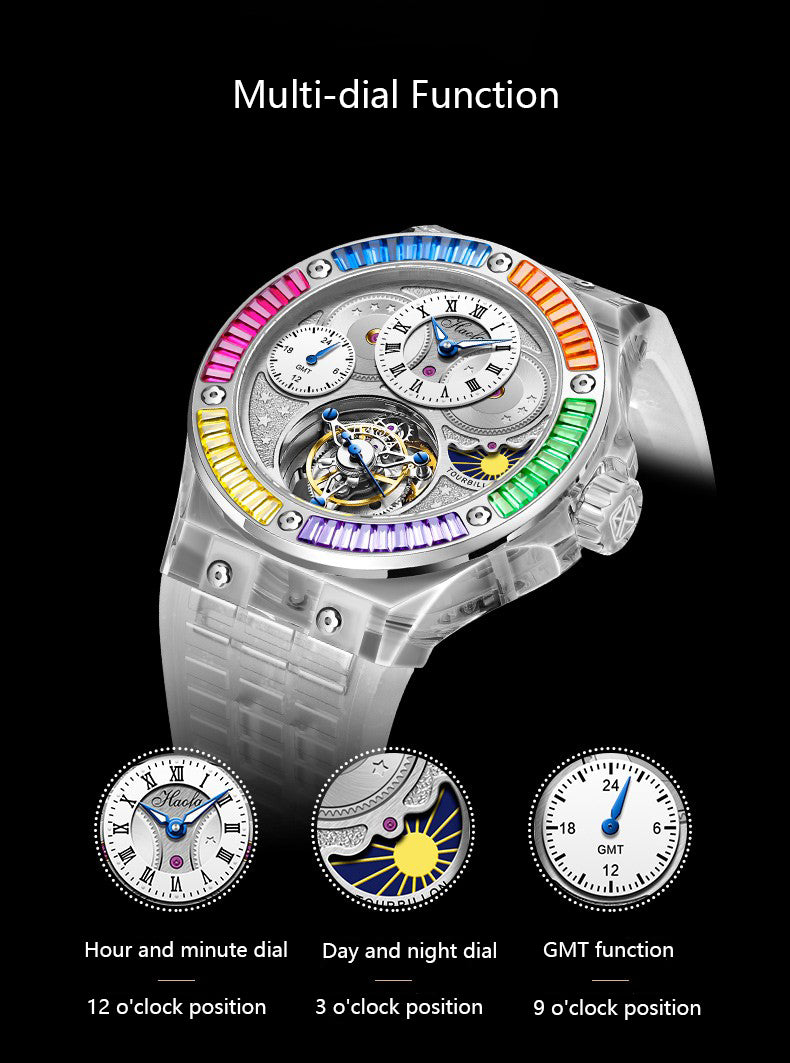 Haofa Crystal Case Skeleton Tourbillon GMT Watch 2101