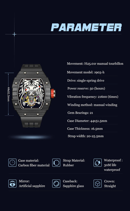 Haofa Luxury Tourbillon Mechanical Watch For Men Sapphire Carbon Fiber Flying Tourbillon Tiger 1903-H