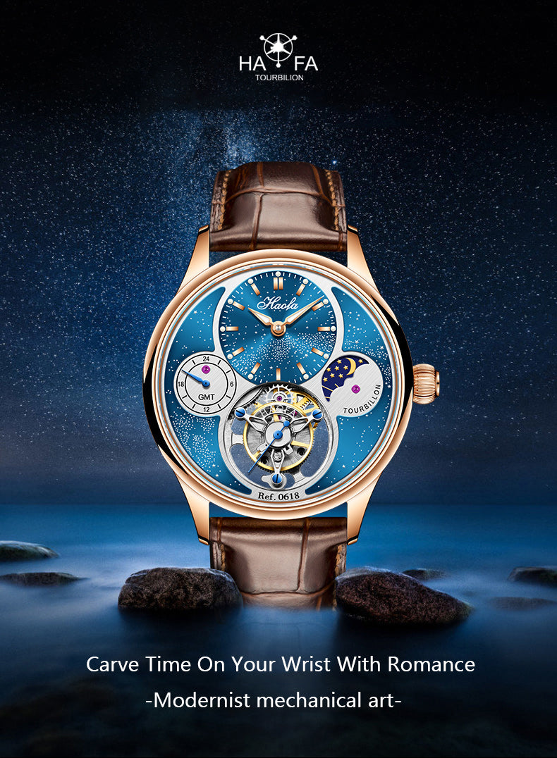 Haofa Luxury Skeleton Tourbillon Watch GMT Moonphase Wristwatches 0618