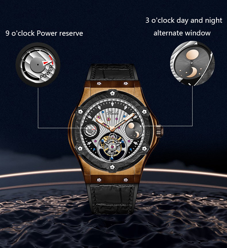 Haofa Tin Bronze Case carbon fiber bezel Luxury GMT Tourbillon Power Reserve Display 1915T