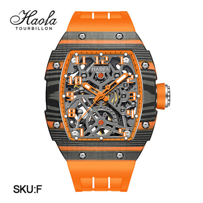 Haofa Automatic Mechanical Men Skeleton Sapphire Waterproof Luxury Carbon Fiber Luminous Watch 1923