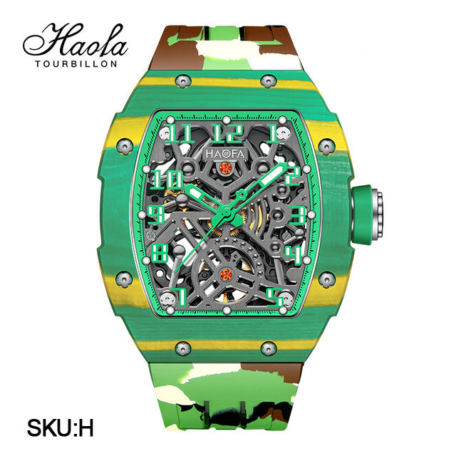 Haofa Automatic Mechanical Men Skeleton Sapphire Waterproof Luxury Carbon Fiber Luminous Watch 1923