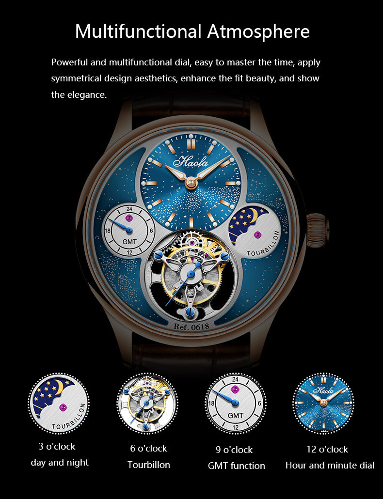 Haofa Luxury Skeleton Tourbillon Watch GMT Moonphase Wristwatches 0618