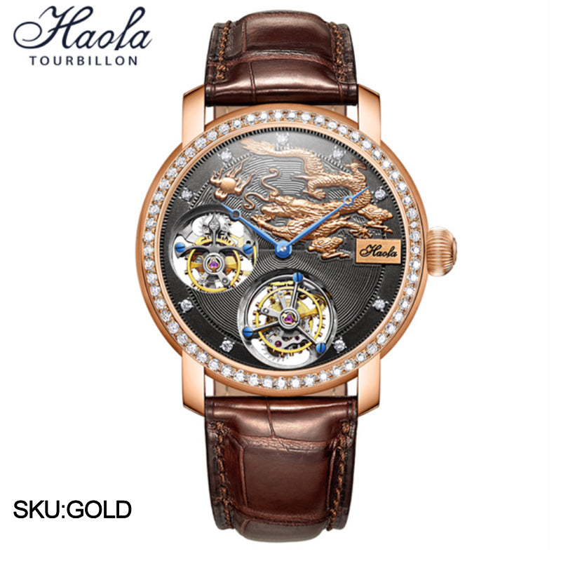 HAOFA Luxury 18K Gold Double Tourbillon Movement real Diamond Karat Watch K002