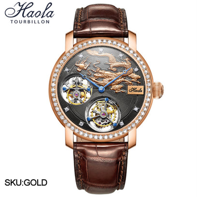 HAOFA Luxury 18K Gold Double Tourbillon Movement real Diamond Karat Watch K002