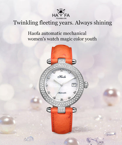 Haofa Automatic Sapphire Date Rhinestone Pearl Shell Dial Ladies Watch Bamboo Calfskin Strap 1315