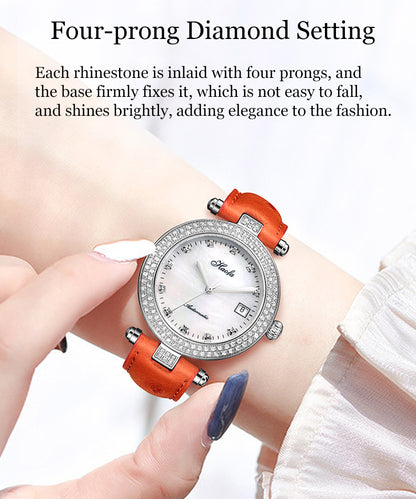 Haofa Automatic Sapphire Date Rhinestone Pearl Shell Dial Ladies Watch Bamboo Calfskin Strap 1315