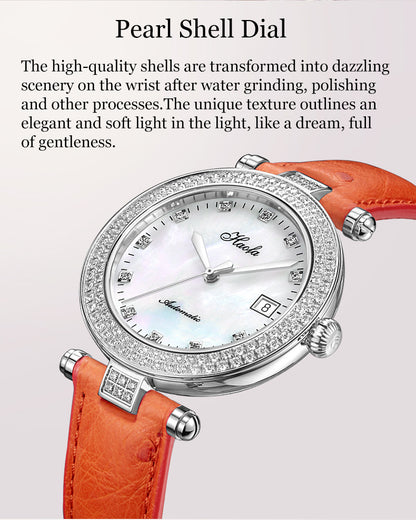 Haofa Automatic Sapphire Date Rhinestone Pearl Shell Dial Ladies Watch Bamboo Calfskin Strap 1315