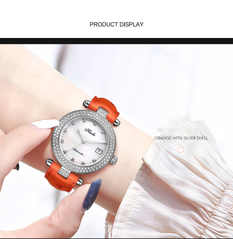 Haofa Automatic Sapphire Date Rhinestone Pearl Shell Dial Ladies Watch Bamboo Calfskin Strap 1315