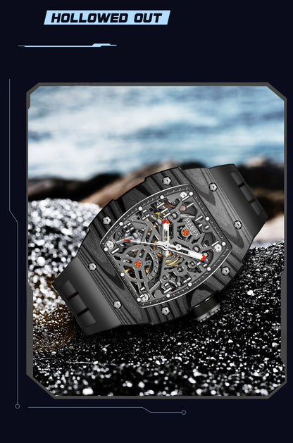 Haofa Automatic Mechanical Men Skeleton Sapphire Waterproof Luxury Carbon Fiber Luminous Watch 1923