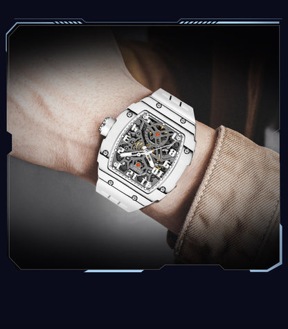 Haofa Automatic Mechanical Men Skeleton Sapphire Waterproof Luxury Carbon Fiber Luminous Watch 1923