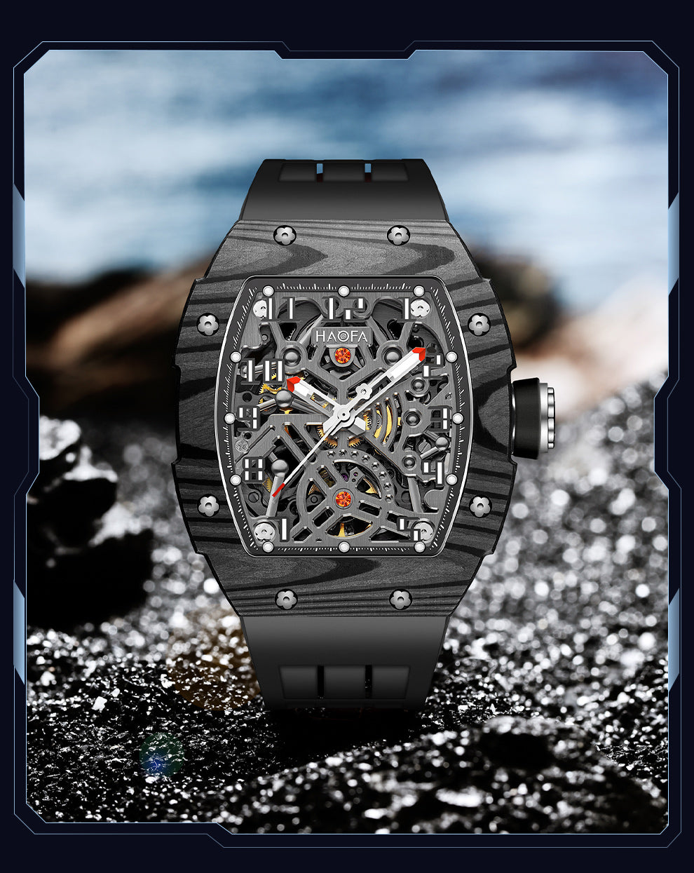 Haofa Automatic Mechanical Men Skeleton Sapphire Waterproof Luxury Carbon Fiber Luminous Watch 1923