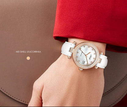 Haofa Automatic Sapphire Date Rhinestone Pearl Shell Dial Ladies Watch Bamboo Calfskin Strap 1315