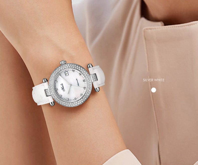 Haofa Automatic Sapphire Date Rhinestone Pearl Shell Dial Ladies Watch Bamboo Calfskin Strap 1315